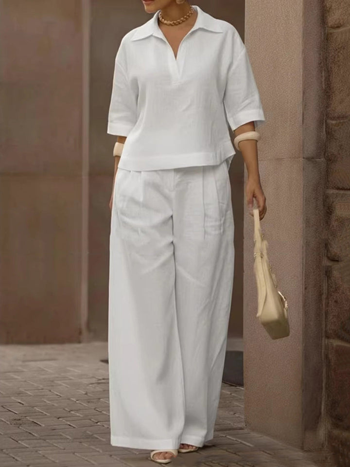 Solid Color Half Sleeves Blouse+  High Waisted Pleated Trousers Set