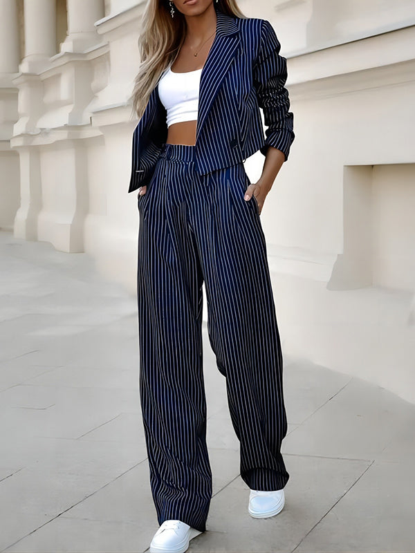Loose Striped Jacket + Straight Leg  Pants -Set