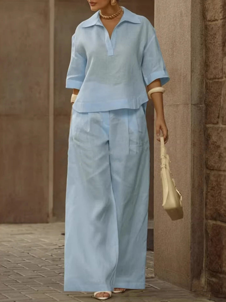 Solid Color Half Sleeves Blouse+  High Waisted Pleated Trousers Set