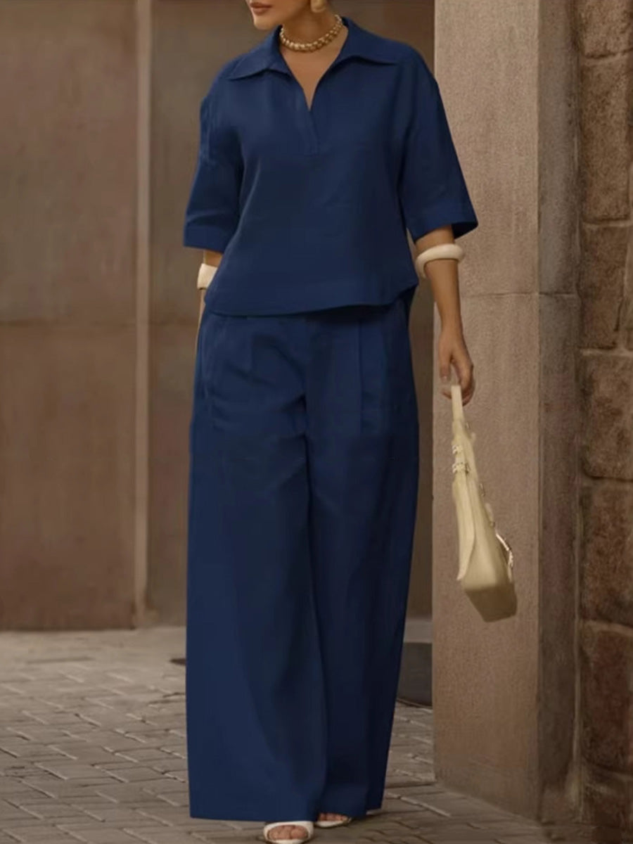 Solid Color Half Sleeves Blouse+  High Waisted Pleated Trousers Set