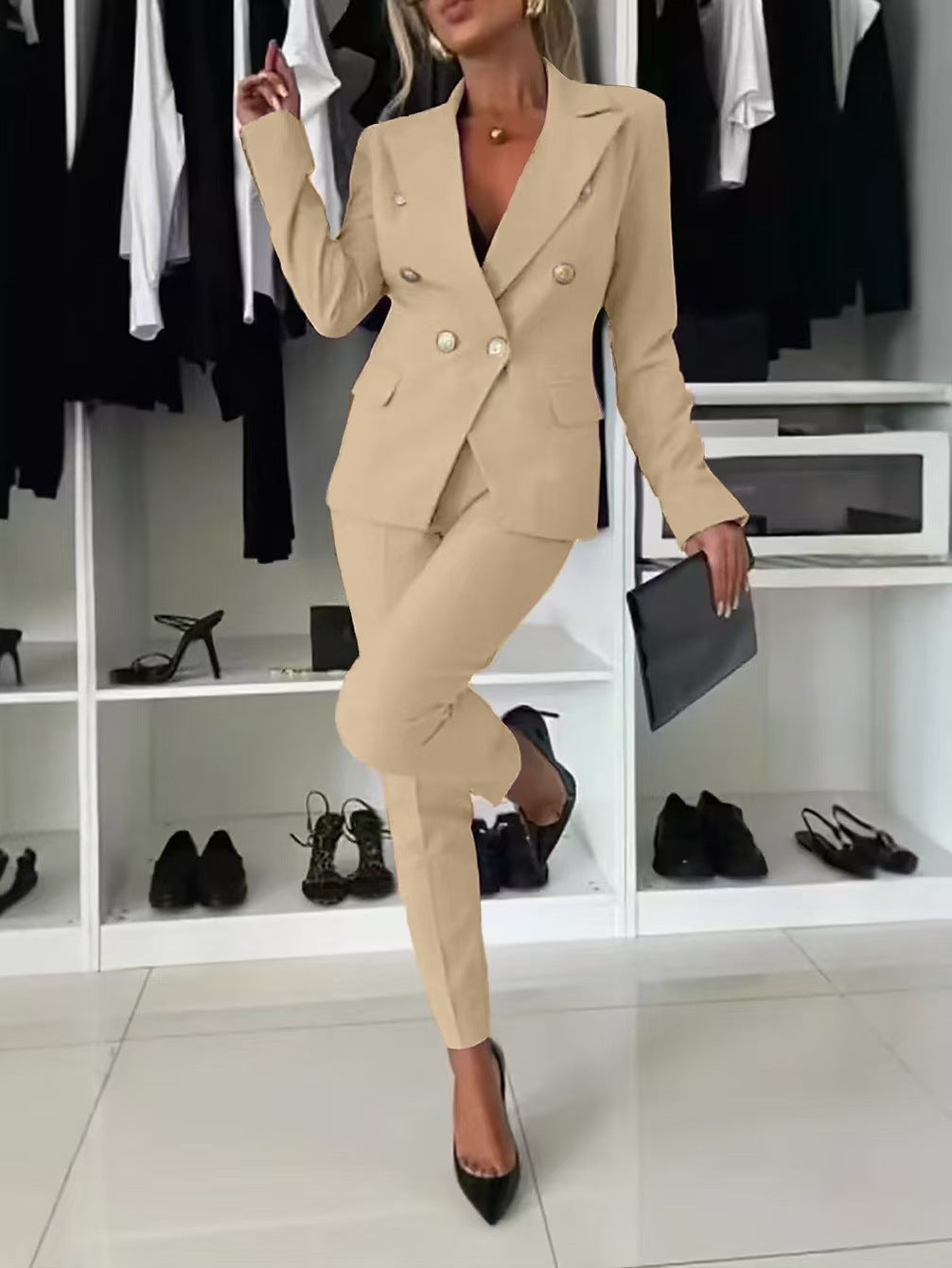 Collar Blazer & Flared Pants Set