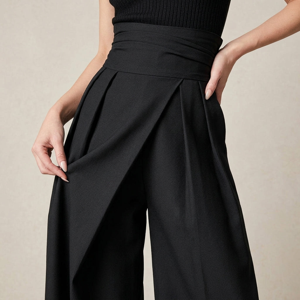 High-Waisted Wide Leg Trousers –  Black Tailored Fit
