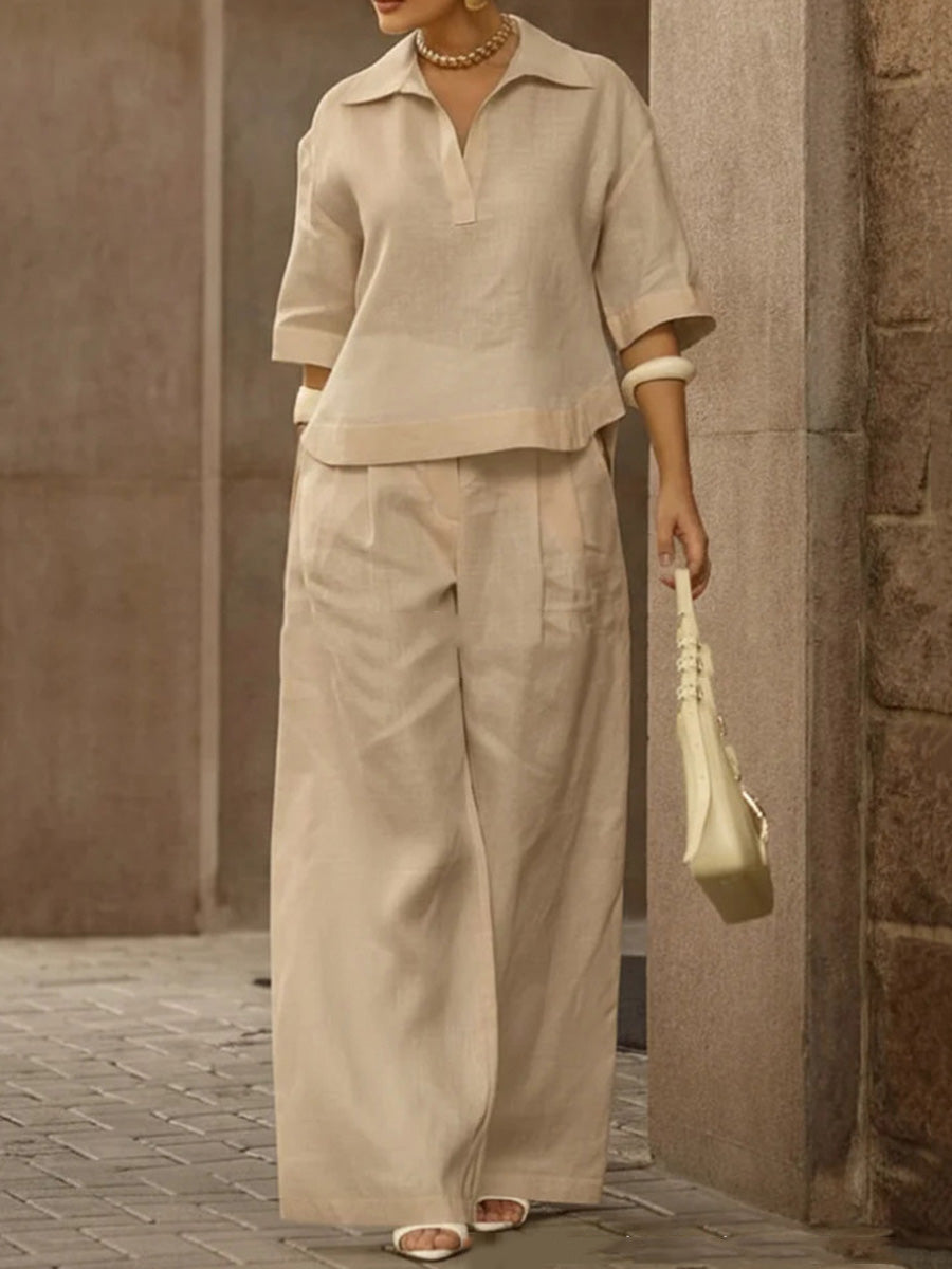 Solid Color Half Sleeves Blouse+  High Waisted Pleated Trousers Set