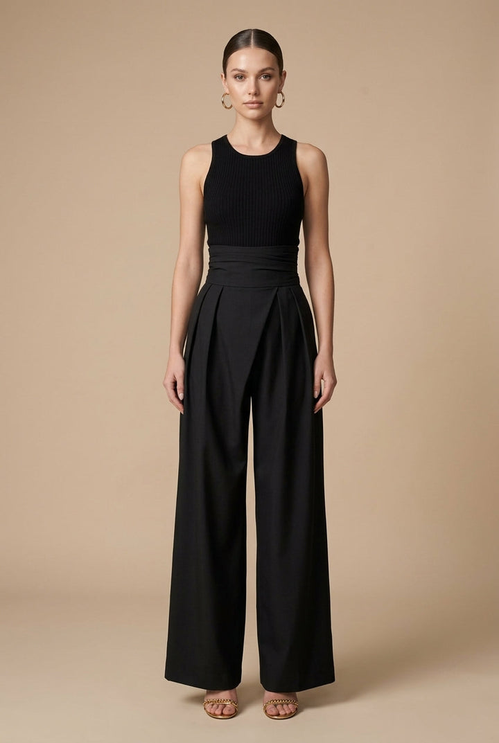 High-Waisted Wide Leg Trousers –  Black Tailored Fit