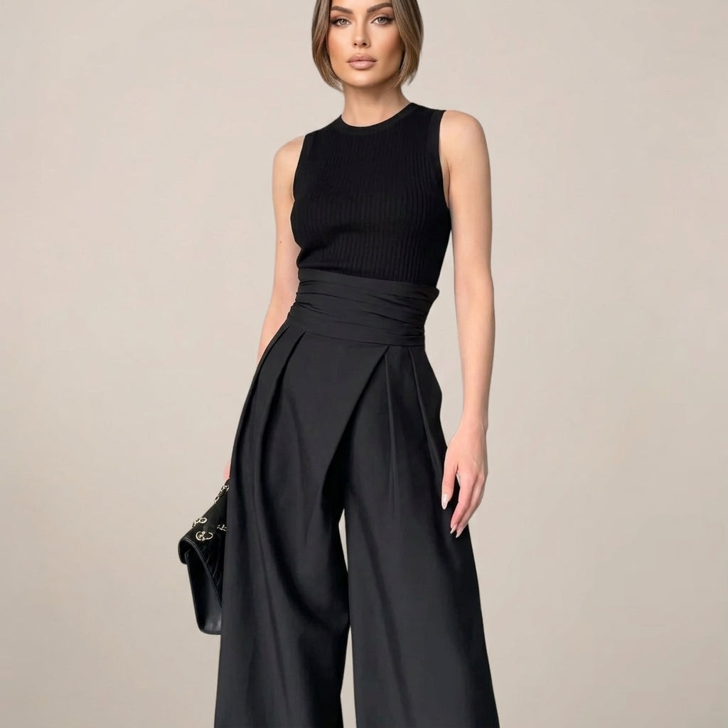 High-Waisted Wide Leg Trousers –  Black Tailored Fit