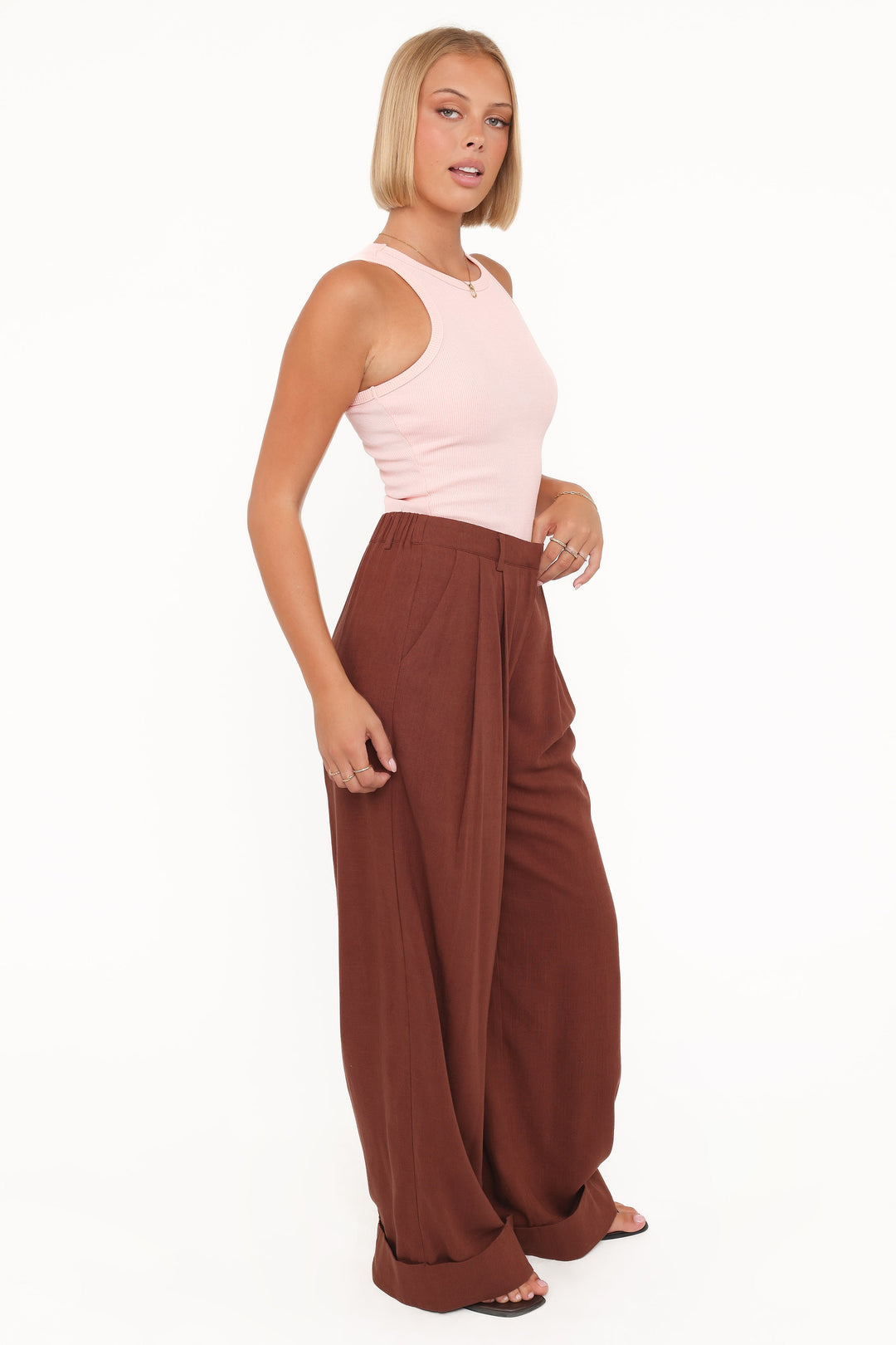 Cuffed Linen Pant - Brown