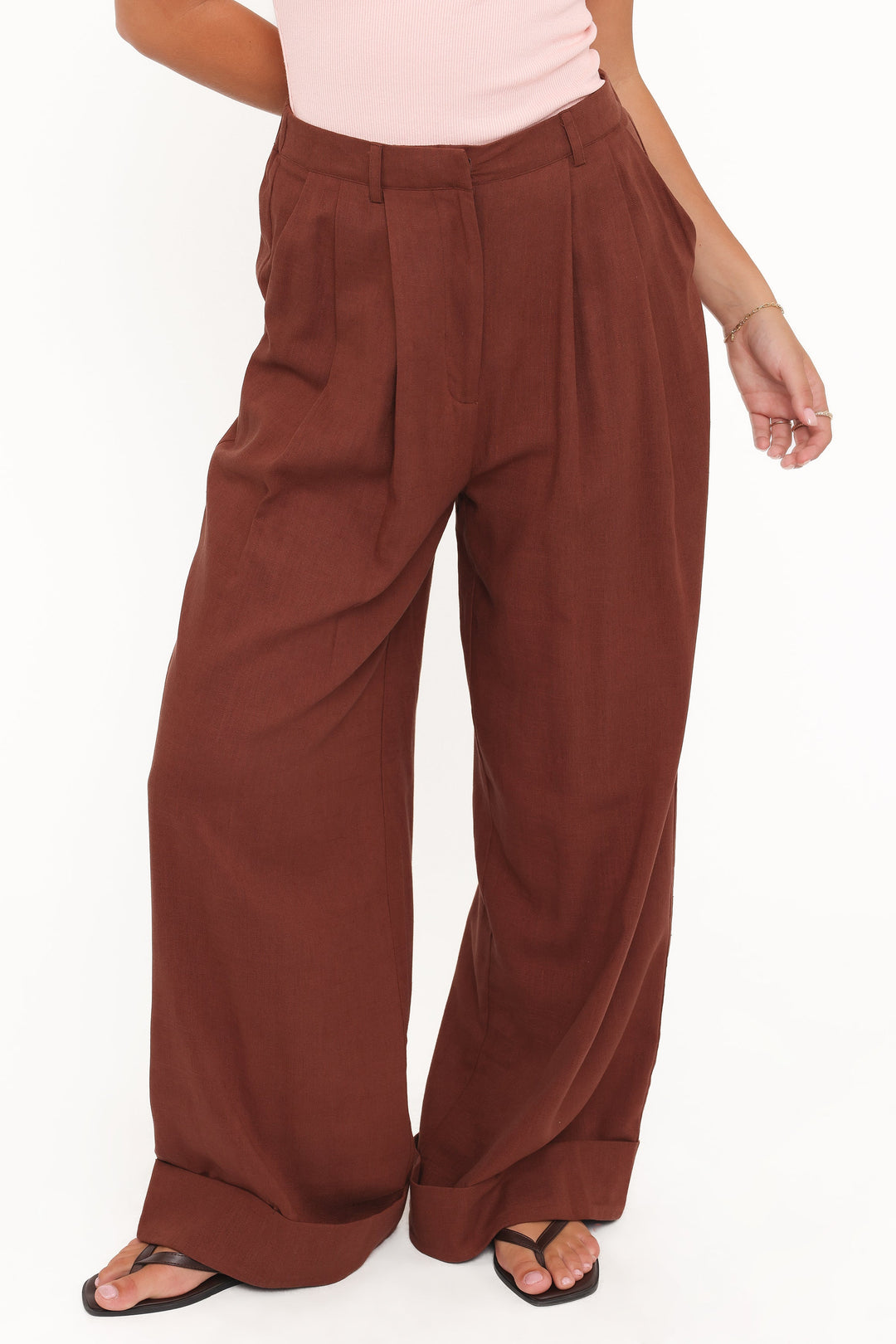 Cuffed Linen Pant - Brown